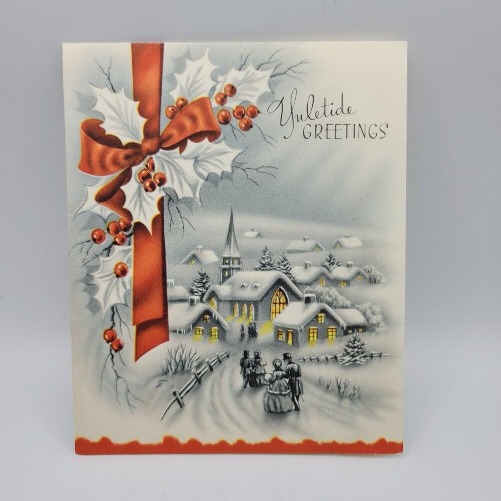 Vintage Yuletide Greetings Christmas Card With Winter‎ Scene & Red Bow